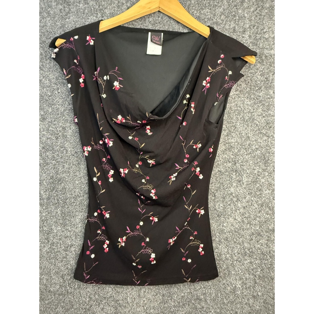90s Y2K Floral Embroidered Cowl Neck Top Juniors Size Large Black Sleeveless